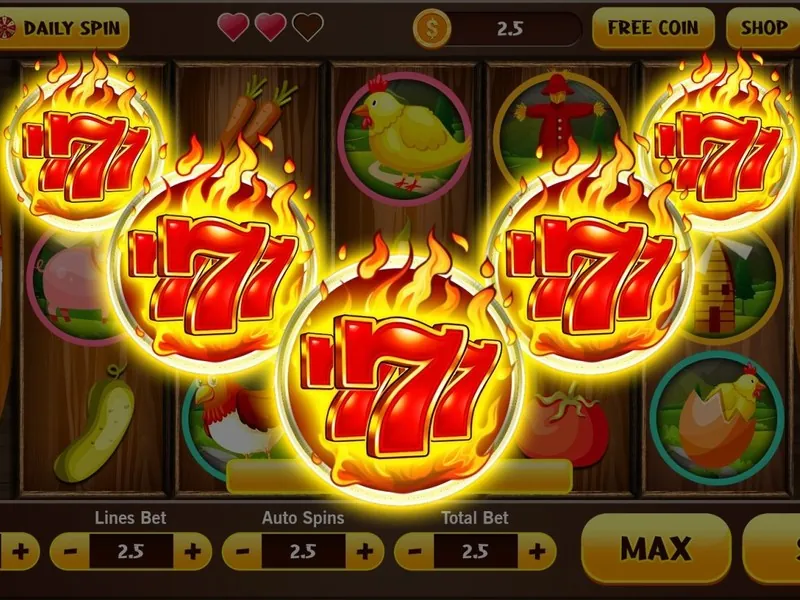 Màn hình slot game với các biểu tượng trái cây và số 7